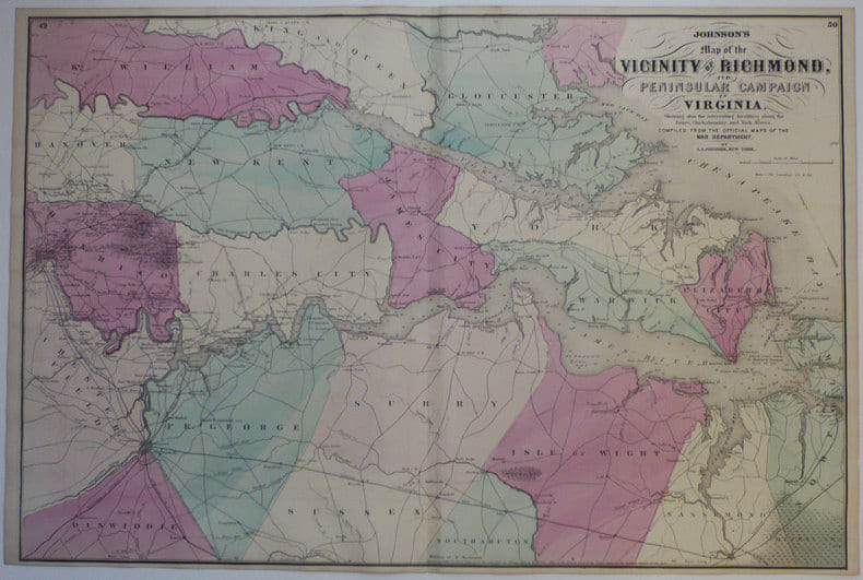  Johnson's Map of the vicinity of Richmond, and peninsular campaign in Virginia.. JOHNSON (Alvin Jewett);