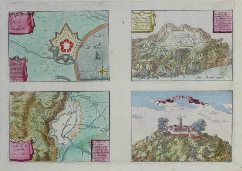  Plan de Roses en Catalogne - Plan de la citadelle dessign&eacute;e &agrave; faire au Montiuich pr&egrave;s Barcelone - Plan de la ville de Girone - Mont-Jouy.. FER ...