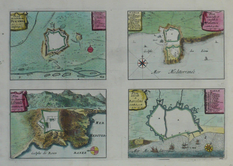  Plan de la ville de Pui&ccedil;erda - Plan de la ville et citadelle de Palamos - Plan du chasteau de la Trinit&eacute; - Plan de la ville de Barcelone.. FER ...