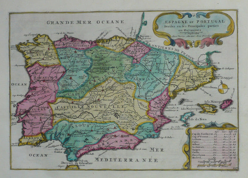  Espagne et Portugal divis&eacute;s en ses principales parties ou royaumes.. FER (Nicolas de);