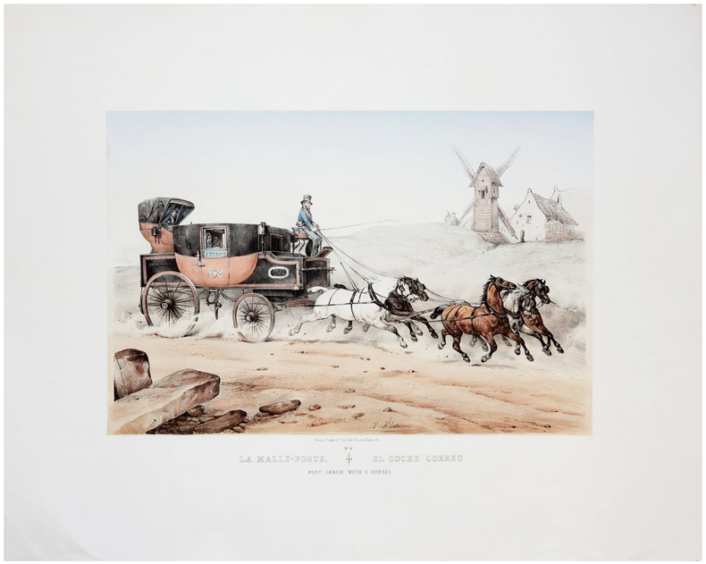  La Malle-poste. El Coche correo. Post chaise with 5 horses.. ADAM (Victor-Jean).