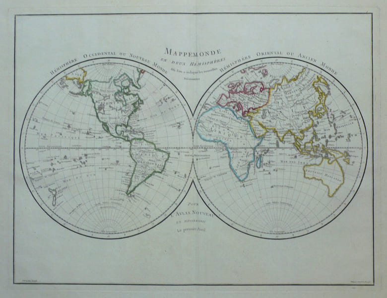  Mappemonde en deux h&eacute;misph&egrave;res o&ugrave; l'on a indiqu&eacute; les nouvelles d&eacute;couvertes.. CHANLAIRE (Pierre-Gr&eacute;goire) & MENTELLE (Edm&eacute;);