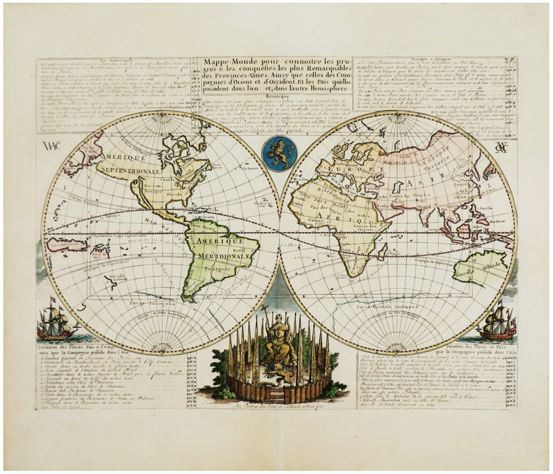  Mappe-monde pour connoitre les progrès & les conquestes les plus remarquables des Provinces-Unies, ainsy que celles des Compagnies d'Orient et ...
