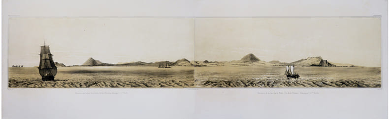  [GALAPAGOS] Panorama de la baie de la Poste (Ile de la Floriana, Galapagos).. DU PETIT-THOUARS (Louis-Marie Aubert).