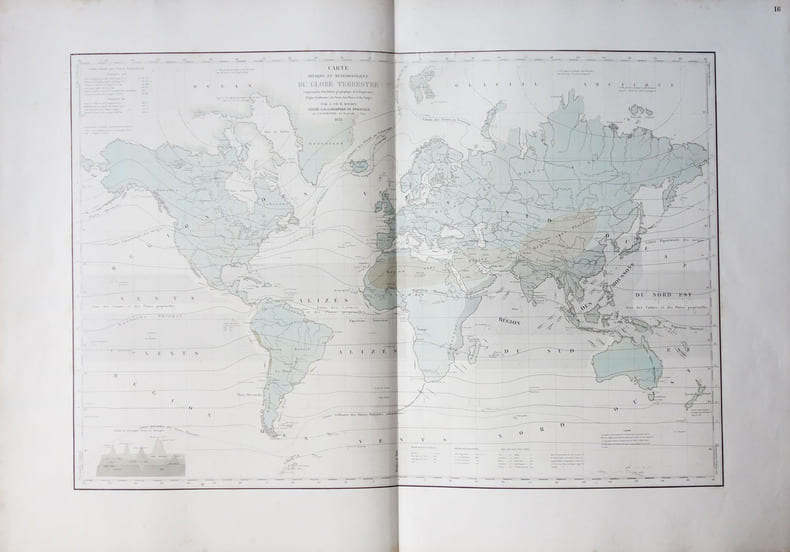  [METEOROLOGIE] Carte physique et m&eacute;t&eacute;orologique du globe terrestre comprenant la distribution g&eacute;ographique de la temp&eacute;rature (lignes isothermes), des ...