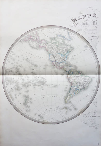  Mappemonde en deux h&eacute;misph&egrave;res suivant l'&eacute;tat actuel des connaissances g&eacute;ographiques et les derniers voyages autour du monde.. ANDRIVEAU-GOUJON (J.);
