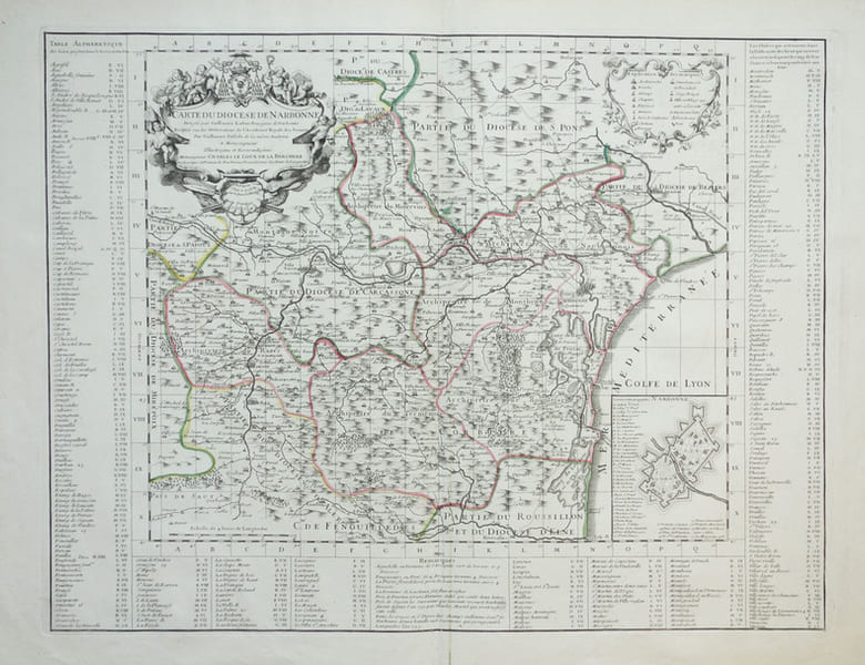  [NARBONNE] Carte du dioc&egrave;se de Narbonne.. LAFONT (Guillaume) & L'ISLE (Guillaume de).