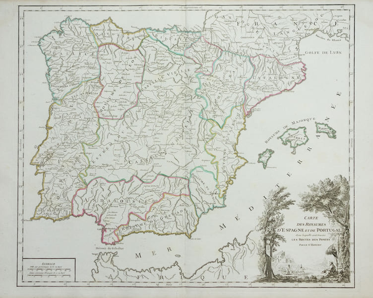  Carte des royaumes d'Espagne et de Portugal dans laquelle sont trac&eacute;es les routes des postes.. ROBERT de VAUGONDY (Didier).