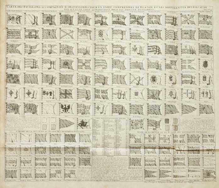  [PAVILLONS] Carte des pavillons accompagn&eacute;e d'observations pour en faire comprendre le blazon et les diff&eacute;rentes devises aussy bien que d'une table ...