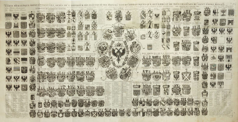  [BLASONS] Carte h&eacute;raldique repr&eacute;sentant les armes de l'empereur des &eacute;lecteurs des princes tant eccl&eacute;siastiques que s&eacute;culiers et de tous les &eacute;tats du ...