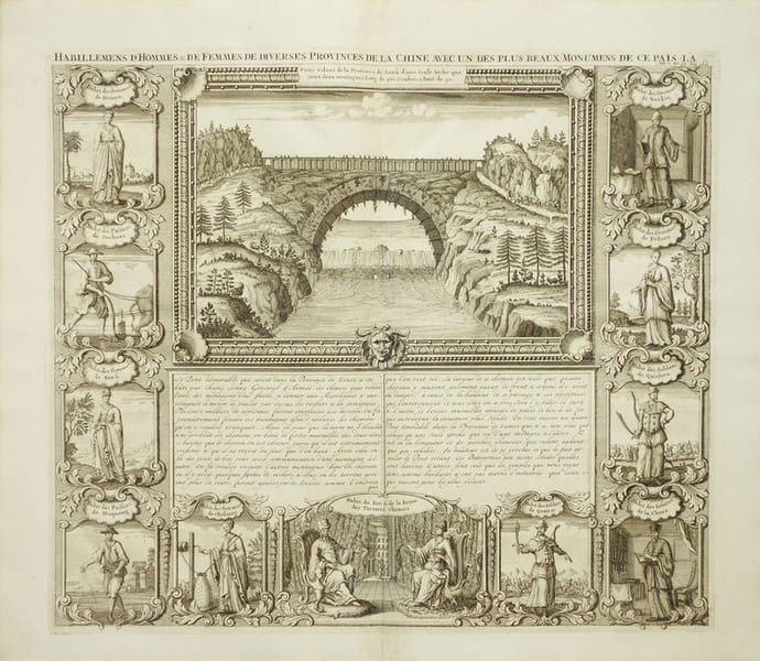  Habillemens d'hommes & de femmes de diverses provinces de la Chine avec un des plus beaux monumens de ce pa&iuml;s-l&agrave;.. CHATELAIN (Henry Abraham).