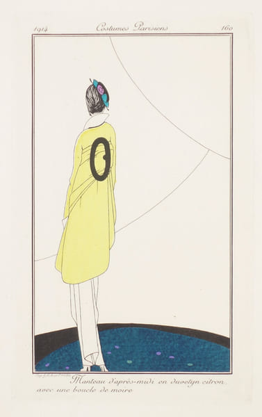  Manteau d'apr&egrave;s-midi en duvetyn citron, avec une boucle de moire.. COSTUMES PARISIENS.