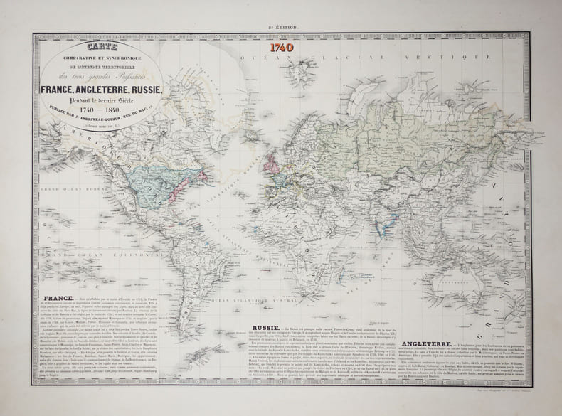 Carte comparative et synchronique de l'&eacute;tendue territoriale des trois grandes puissances France, Angleterre, Russie, pendant le dernier si&egrave;cle ...