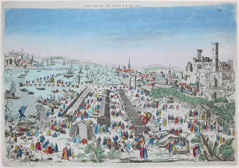 [BEAUCAIRE] Vue de la ville de Beaucaire dans le Bas Languedoc sur la rive droitte du Rosne vis-&agrave;-vis Tarascon, et de la fameuse foire qui sy tiens &agrave; ...