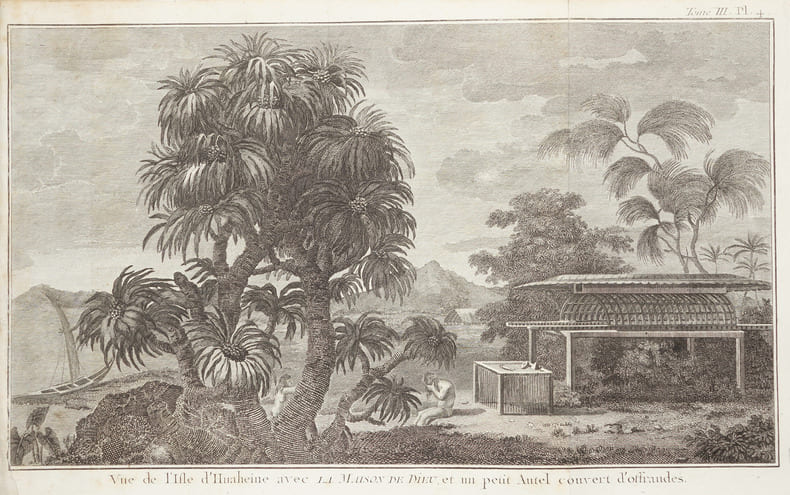  [POLYNESIE FRANCAISE/HUAHINE] Vue de l'isle d'Huaheine avec la maison de Dieu, et un petit autel couvert d'offrandes.. COOK (James).