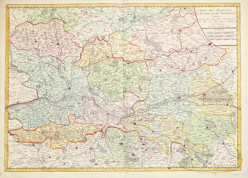  Carte des provinces d'Anjou et de Touraine dress&eacute;e suivant les nouvelles observations de M.rs de l'Accad&eacute;mie Royale des Sciences.. DELAFOSSE ...
