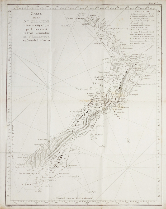  [NOUVELLE-ZELANDE] Carte de la N.le Zélande visitée en 1769 et 1770, par le lieutenant J. Cook commandant de l'Endeavour vaisseau de Sa Majesté.. ...