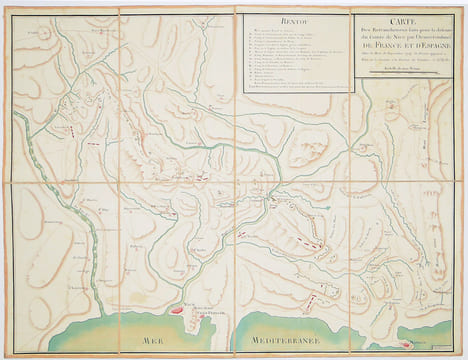 Carte des retranchemens faits pour la défense du comté de Nice, par l'Armée Combinée de France et d'Espagne, dans le mois de septembre 1747. La droite ...
