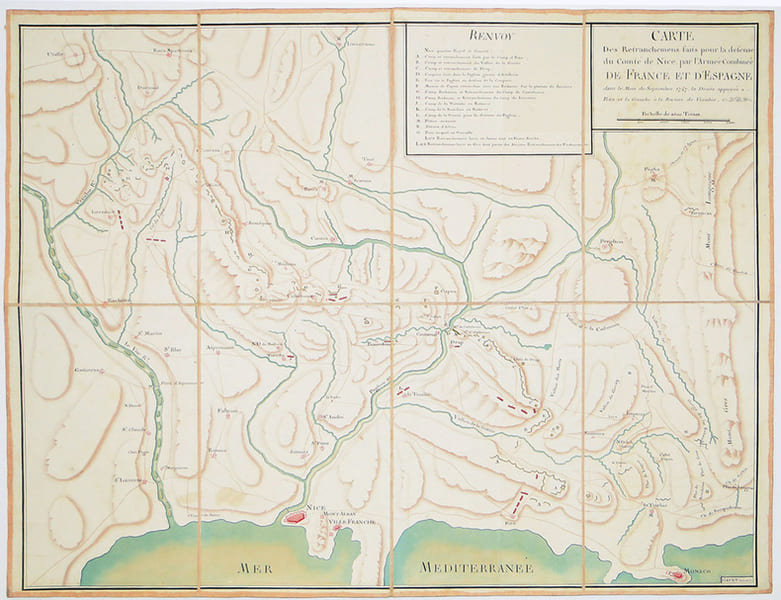 Carte des retranchemens faits pour la d&eacute;fense du comt&eacute; de Nice, par l'Arm&eacute;e Combin&eacute;e de France et d'Espagne, dans le mois de septembre 1747. La droite ...