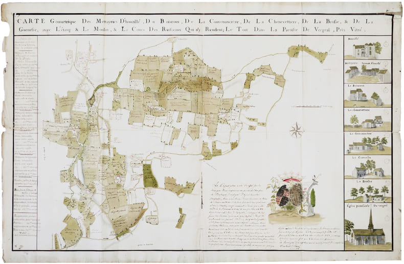  Carte g&eacute;om&eacute;trique des mettayries d'Houzill&eacute;, du Boisroux, de la Couvenanci&egrave;re, de la Chenevetti&egrave;re, de la Brosse, & de la Guenesse, avec l'&eacute;tang & le ...