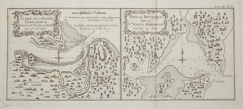  [AUSTRALIE] Entr&eacute;e de la rivi&egrave;re Endeavour dans la N.le Galles m&eacute;rid.le - Baye de Botanique dans la N.le Galles m&eacute;ridionale.. COOK (James).