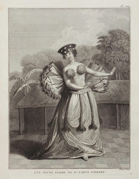  [POLYNESIE FRANCAISE/TAHITI] Une jeune femme de O-Tahiti dansant.. COOK (James).