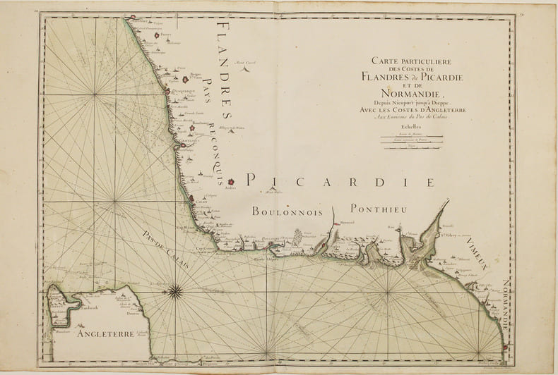  [PICARDIE & NORD-PAS-de-CALAIS] Carte particuli&egrave;re des costes de Flandres, de Picardie et de Normandie, depuis Nieuport jusqu'&agrave; Dieppe. Avec les ...