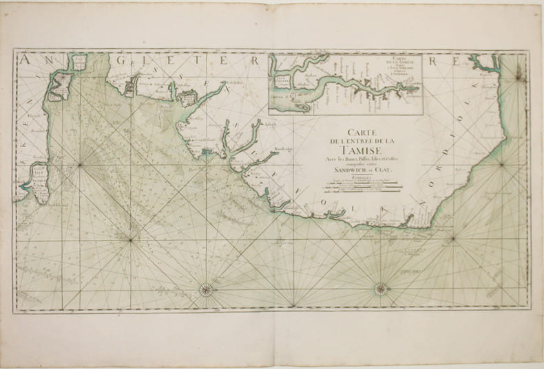  [TAMISE] Carte de l'entr&eacute;e de la Tamise avec les bancs, passes, isles et costes comprises entre Sandwich et Clay.. NEPTUNE FRANCOIS.