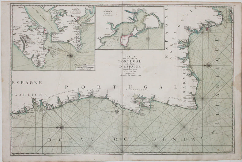  Carte des costes de Portugal et de partie d'Espagne depuis le cap de Finisterre jusques au d&ecirc;troit de Gibraltar.. NEPTUNE FRANCOIS.