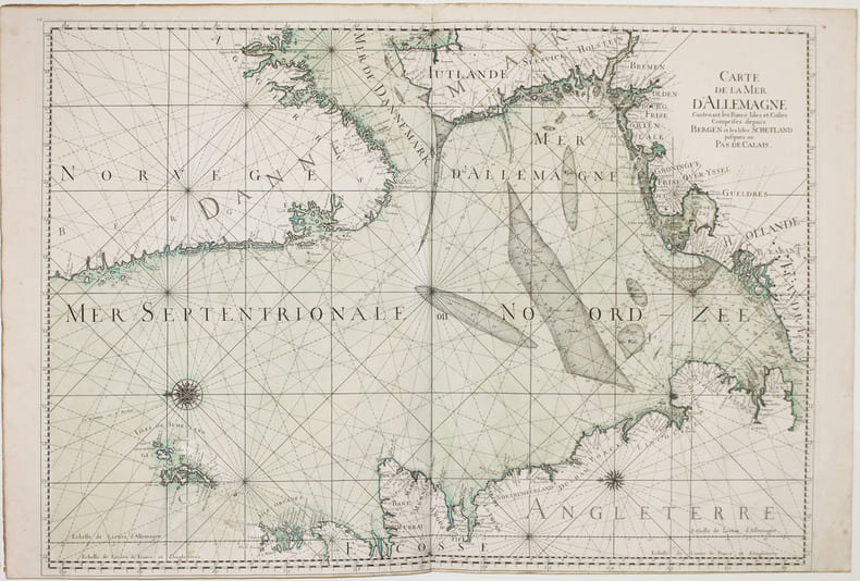  [NORVEGE & DANEMARK] Carte de la mer d'Allemagne contenant les bancs isles et costes comprises depuis Bergen et les isles Schetland jusques au Pas de ...