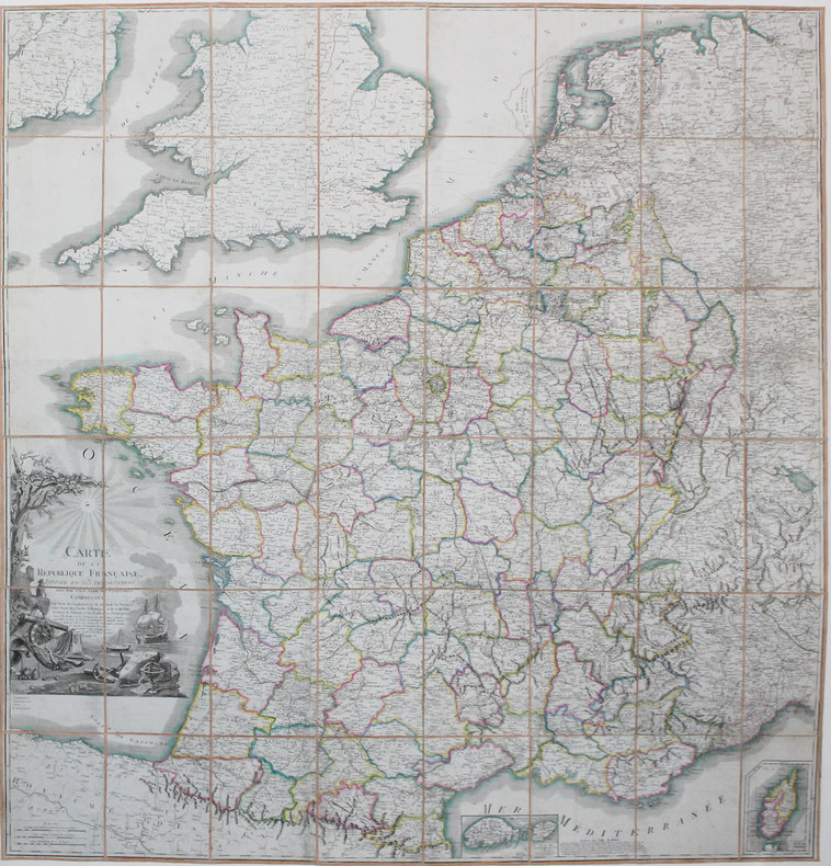  Carte de la République Française, divisée en 103 départemens avec leur chef-lieux de préfectures comprenant une partie de l'Angleterre et de ...