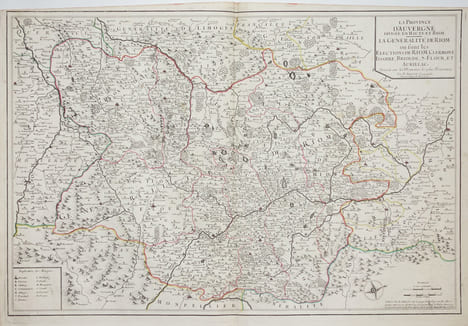 La Province d'Auvergne divisée en Haute et Basse. La généralité de Riom où sont les élections de Riom, Clermont, Issoire, Brioude, S. Flour, et ...