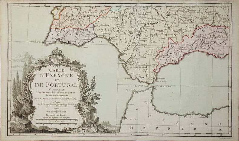  [POSTES] Carte d'Espagne et de Portugal, comprenant les routes des postes et autres de ces deux roiaumes.. BRION de la TOUR (Louis).