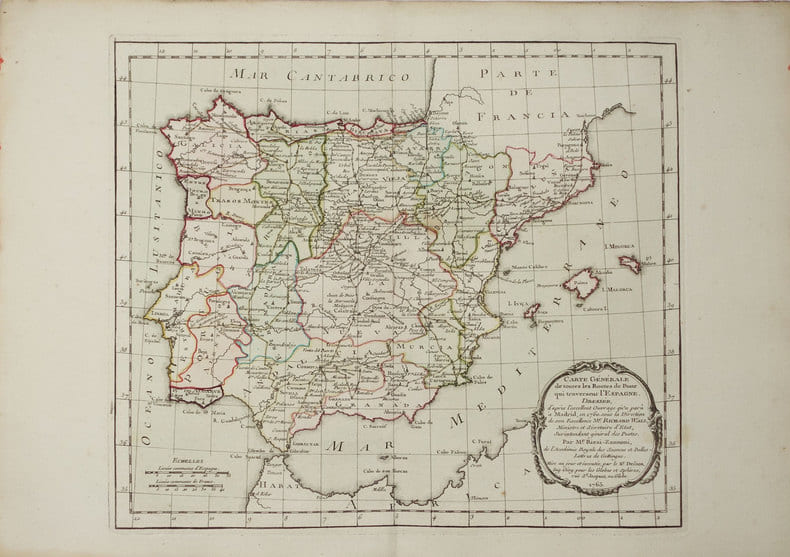  [POSTES] Carte g&eacute;n&eacute;rale de toutes les routes de postes qui traversent l'Espagne.. RIZZI-ZANNONI (Giovanni Antonio).