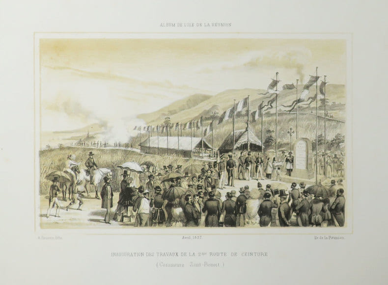 [REUNION] Album de l'&Icirc;le de La R&eacute;union. Inauguration des travaux de la 2&egrave;me route de ceinture (Commune Saint-Beno&icirc;t). Avril 1857.. ROUSSIN ...