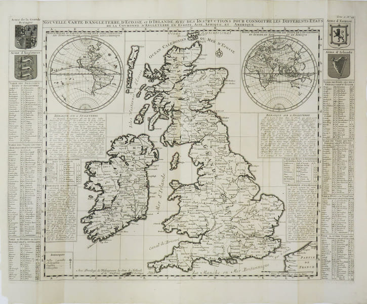Nouvelle carte d'Angleterre, d'Ecosse et d'Irlande, avec des instructions pour connoitre les diff&eacute;rents &eacute;tats de la Couronne d'Angleterre en Europe, ...