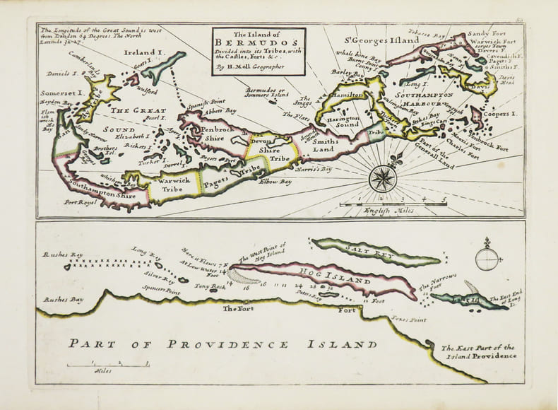 [BERMUDES] The Island of Bermudos divided into its tribes, with the castles, forts &c.. MOLL (Herman).