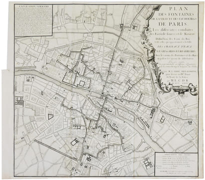 Plan des fontaines de la ville et des faubourgs de Paris. Les différentes conduites des eaux de source et de rivière. Distinction des Eaux du Roi et ...
