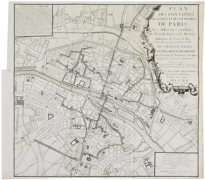 Plan des fontaines de la ville et des faubourgs de Paris. Les diff&eacute;rentes conduites des eaux de source et de rivi&egrave;re. Distinction des Eaux du Roi et ...