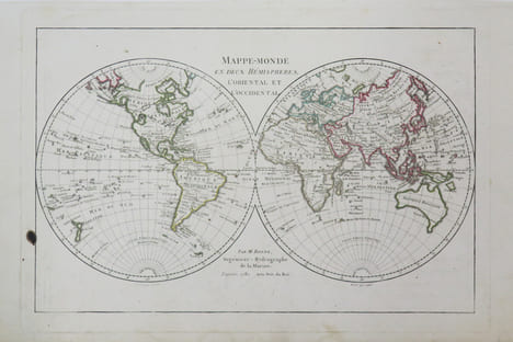 Mappe-monde en deux hémisphères, l'oriental et l'occidental.. BONNE (Rigobert).