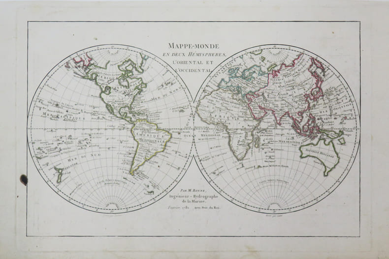 Mappe-monde en deux h&eacute;misph&egrave;res, l'oriental et l'occidental.. BONNE (Rigobert).