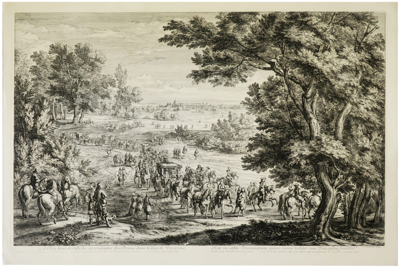 [VINCENNES] Le Roy dans sa call&egrave;che accompagn&eacute; des dames dans le bois de Vincennes - Rex in saltu Vicennarum aureo curru vehiter cum principibus ...