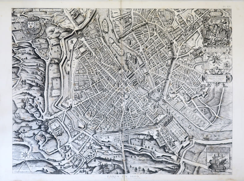 Portrait de la ville, cit&eacute;, et universit&eacute; de Paris avec les faubours di celle.. ATLAS des ANCIENS PLANS de PARIS & VASSALLIEU dit NICOLAY (Benedit).