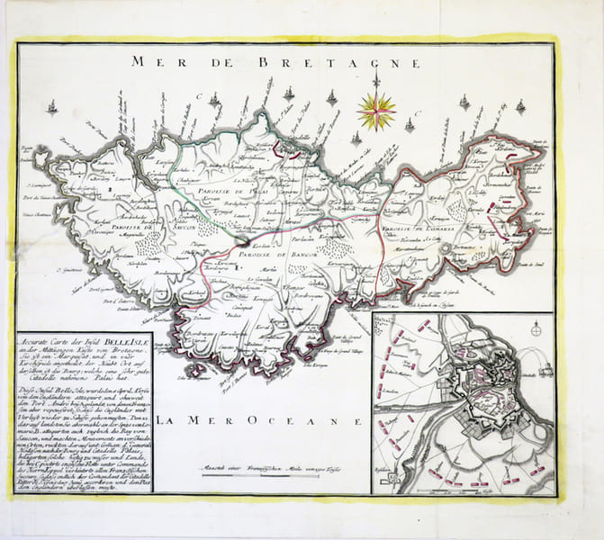 Accurate Carte der Insul Belle Isle an der mitt&auml;gigen K&uuml;ste von Bretagne.. BELLE-&Icirc;LE-en-MER.