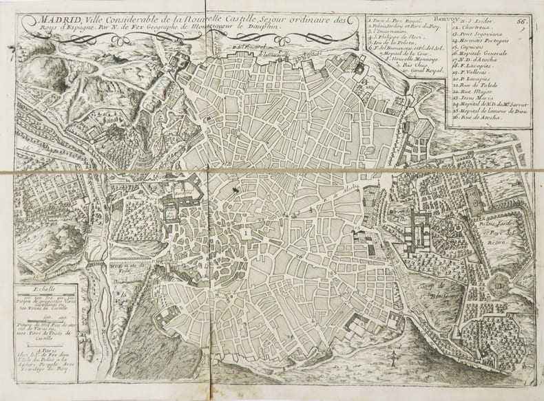 Madrid, ville consid&eacute;rable de la Nouvelle Castille, s&eacute;jour ordinaire des roys d'Espagne.. FER (Nicolas de).