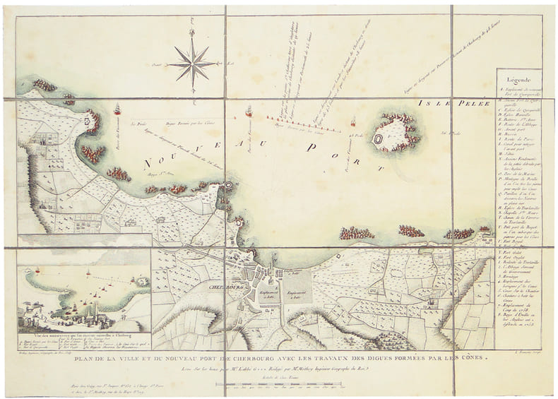 [CHERBOURG] Plan de la ville et du nouveau port de Cherbourg avec les travaux des digues form&eacute;es par les c&ocirc;nes.. GRIEL (abb&eacute;) & MOITHEY ...