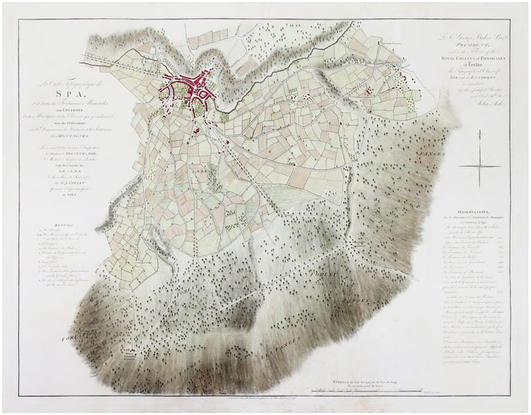  La carte topographique de Spa, et de toutes les fontaines min&eacute;rales, aux environs, et des montagnes et des chemins qui y conduisent, avec des ...