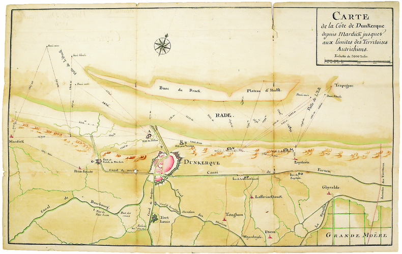 Carte de la côte de Dunkerque depuis Mardick jusques aux limites des Territoires Autrichiens.. DUNKERQUE. MANUSCRIT.