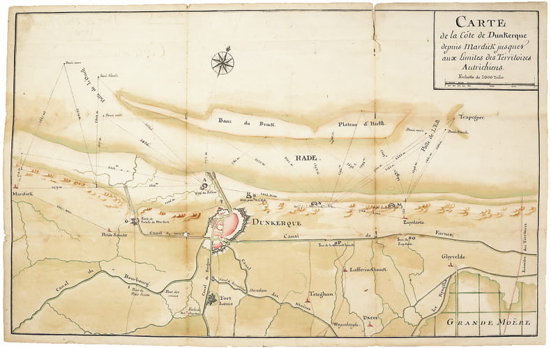 Carte de la c&ocirc;te de Dunkerque depuis Mardick jusques aux limites des Territoires Autrichiens.. DUNKERQUE. MANUSCRIT.