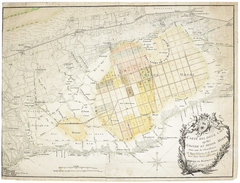 Carte des deux lacs apell&eacute;s Grande et Petite Mo&euml;re, situ&eacute;s entre les chatellenies de Berg S.t Vinox, et de Furnes avec leurs terres adjacentes.. ...
